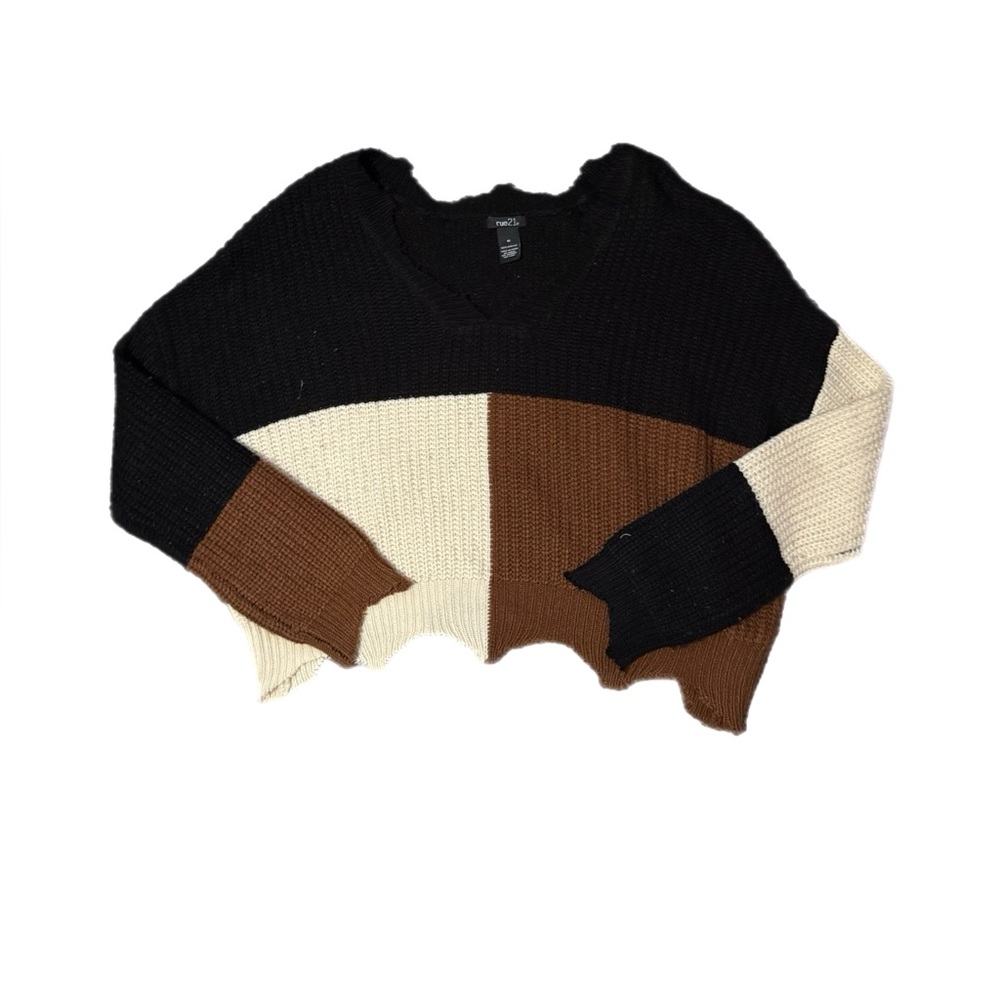 V-Neck Colorblock Sweater - Black, Brown, Cream